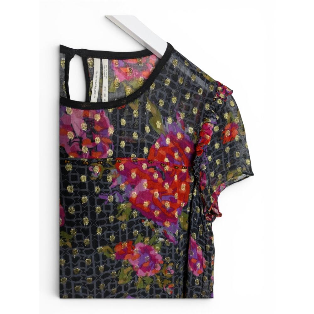 Anthropologie Fiorella Blouse Sheer Floral Metallic Dots - Size 8 - Picture 3 of 8